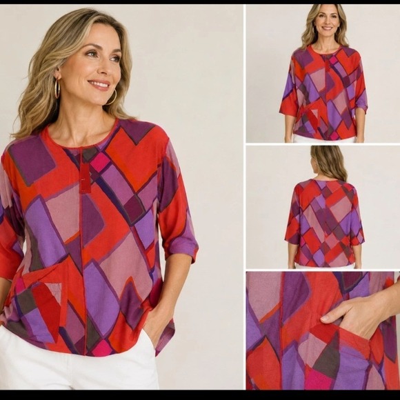 IC COLLECTION Tops - IC Collection Womens Abstract Geometric Print Top Red Purple Pink 2X Size XXL